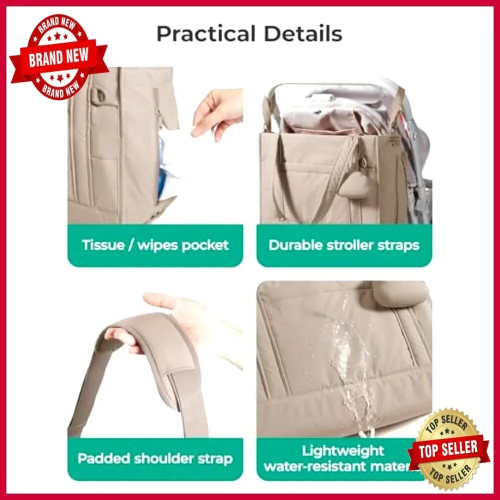 Large Puffer Tote Diaper Bag with Insulated Pockets, Water Resistant